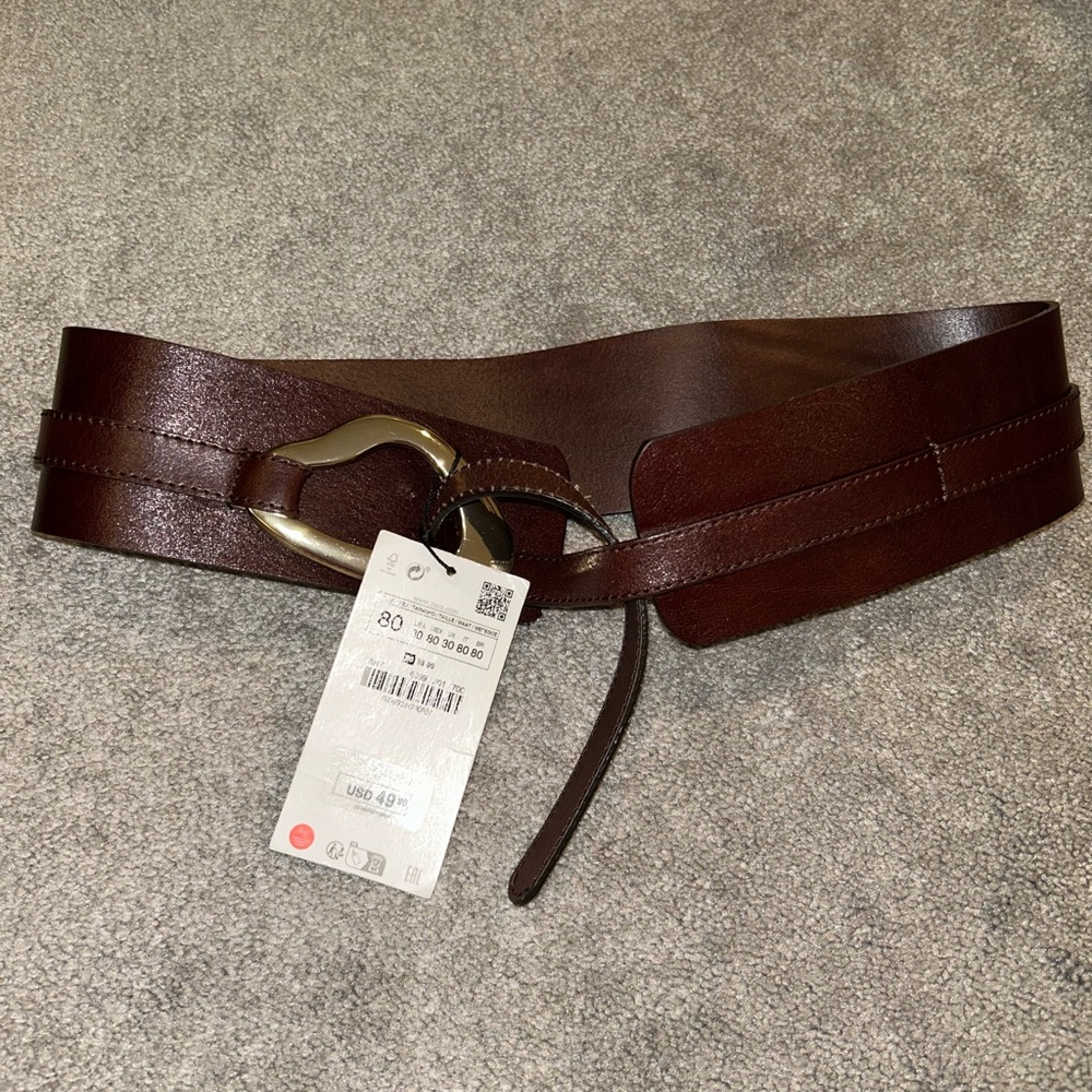 Brown Leather Belt with Gold Buckle